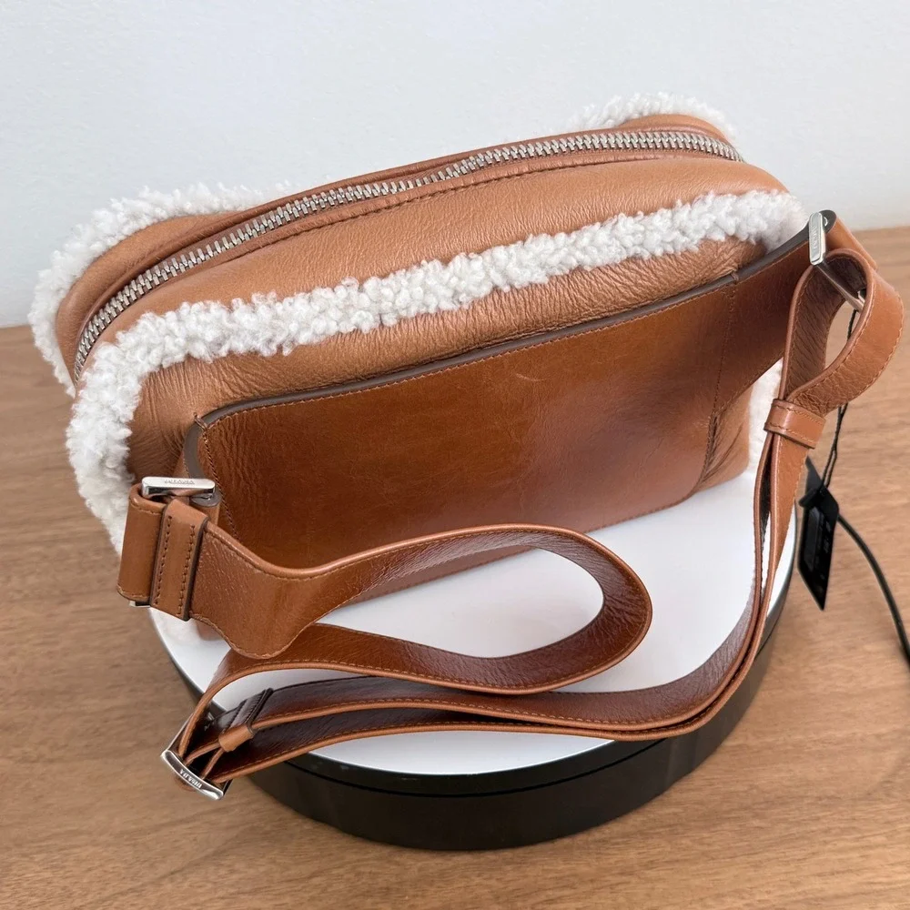 Prada Bandoliera Montone Shearling Leather Crossbody Bag Cognac 2VH181